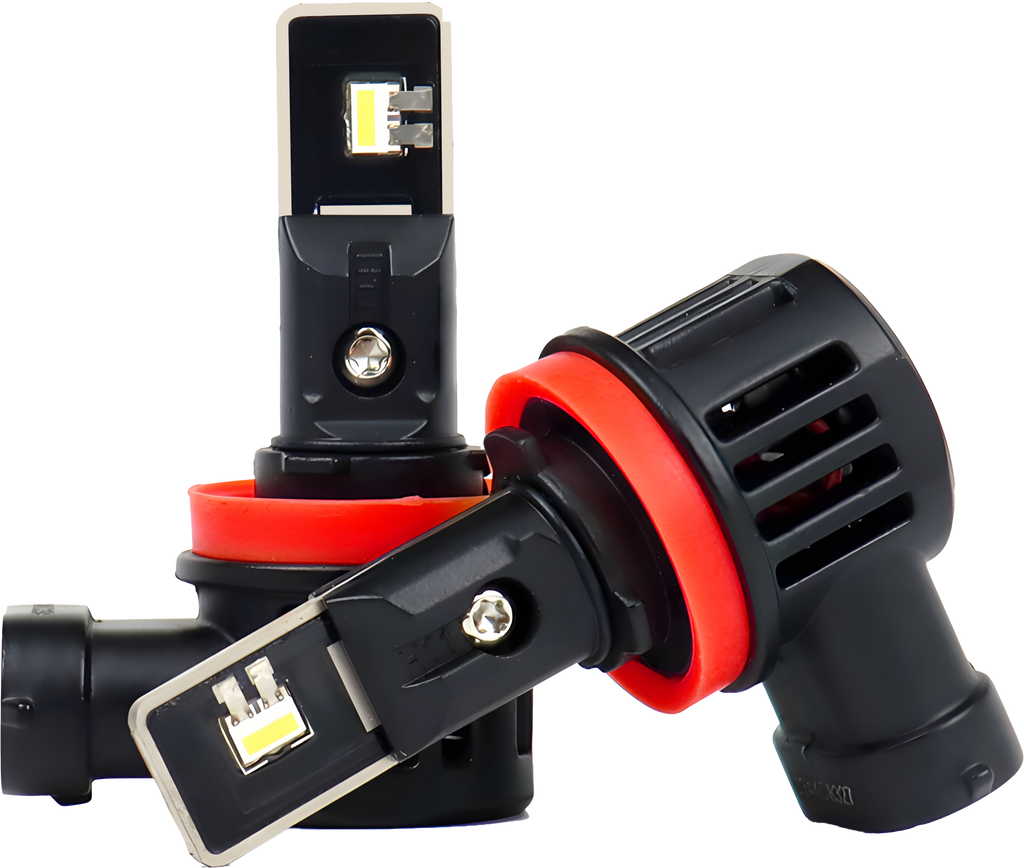 Pathfinder H11 high intensity LED bulb with 6000 lumens and 24W for vehicle illumination, showing the bright LED light and bulb design.