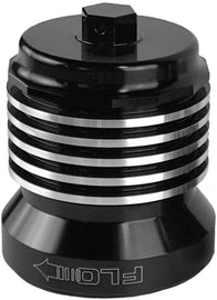 PC Racing Flo reusable oil filter with black and polished fins, designed for high-performance vehicle oil filtration.