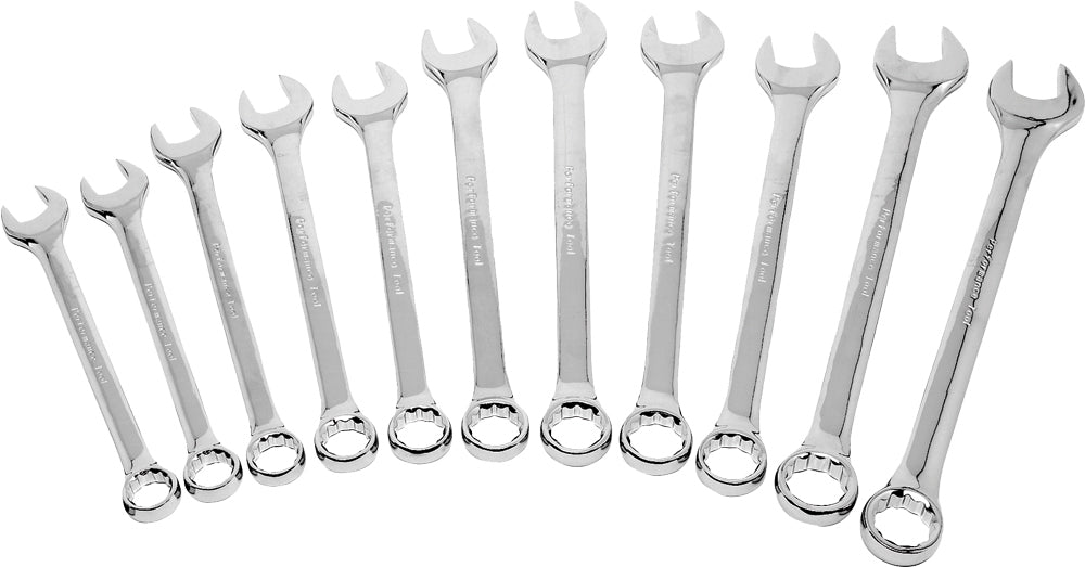 Performance Tool 11-piece metric combo wrench set with various sizes, displayed on a white background.
