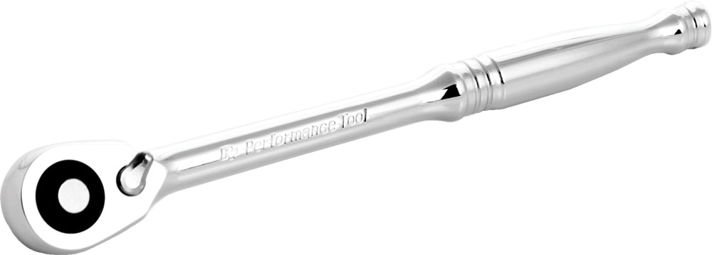 Performance Tool 3/8-inch ratchet wrench, black metal tool with ergonomic handle for automotive and mechanic use.