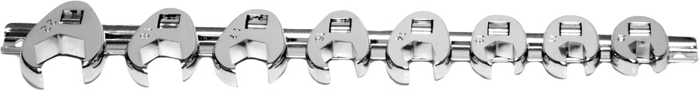 Performance Tool 8-piece metric crowfoot wrench set with open-ended design, ideal for automotive and mechanical work.