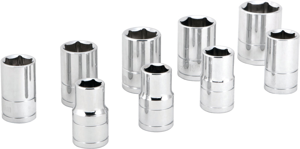 Performance Tool 9-piece 1/2-inch metric shallow socket set with ratchets and extensions for automotive and mechanical repairs.