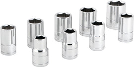 Performance Tool 9-piece 1/2-inch metric shallow socket set with ratchets and extensions for automotive and mechanical repairs.