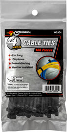 Performance Tool 4-inch cable ties, pack of 100, versatile tools for organizing and securing cables and wires.