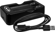 Charger l'image dans la galerie, Performance Tool dual battery charger for 18650 3.7V batteries, shown with two batteries inserted, compact and portable design.