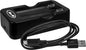 Performance Tool dual battery charger for 18650 3.7V batteries, shown with two batteries inserted, compact and portable design.