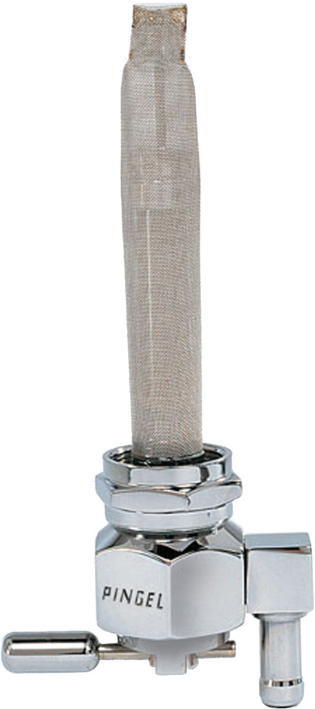 Chrome Pingel Power-Flo Petcock for fuel system, 22mm reservoir barb, designed for motorcycle intake and carburetor applications.