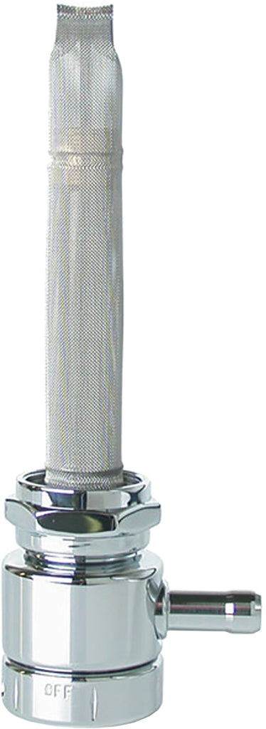 Pingel Power-Flo Petcock Chrome fuel valve with 22mm reservoir knob for motorcycle carburetor fuel system.