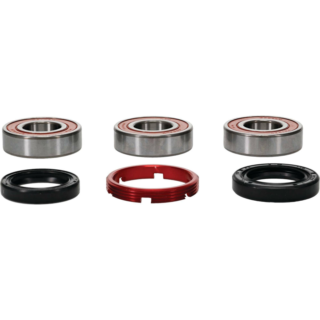 Pivot Works premium drive wheel bearing kit 22-51202P for motorcycle, showing bearings and components in a clean, organized arrangement.