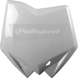 Polisport Plastics white front number plate for motocross or off-road bikes, featuring mounting holes and sleek body design.