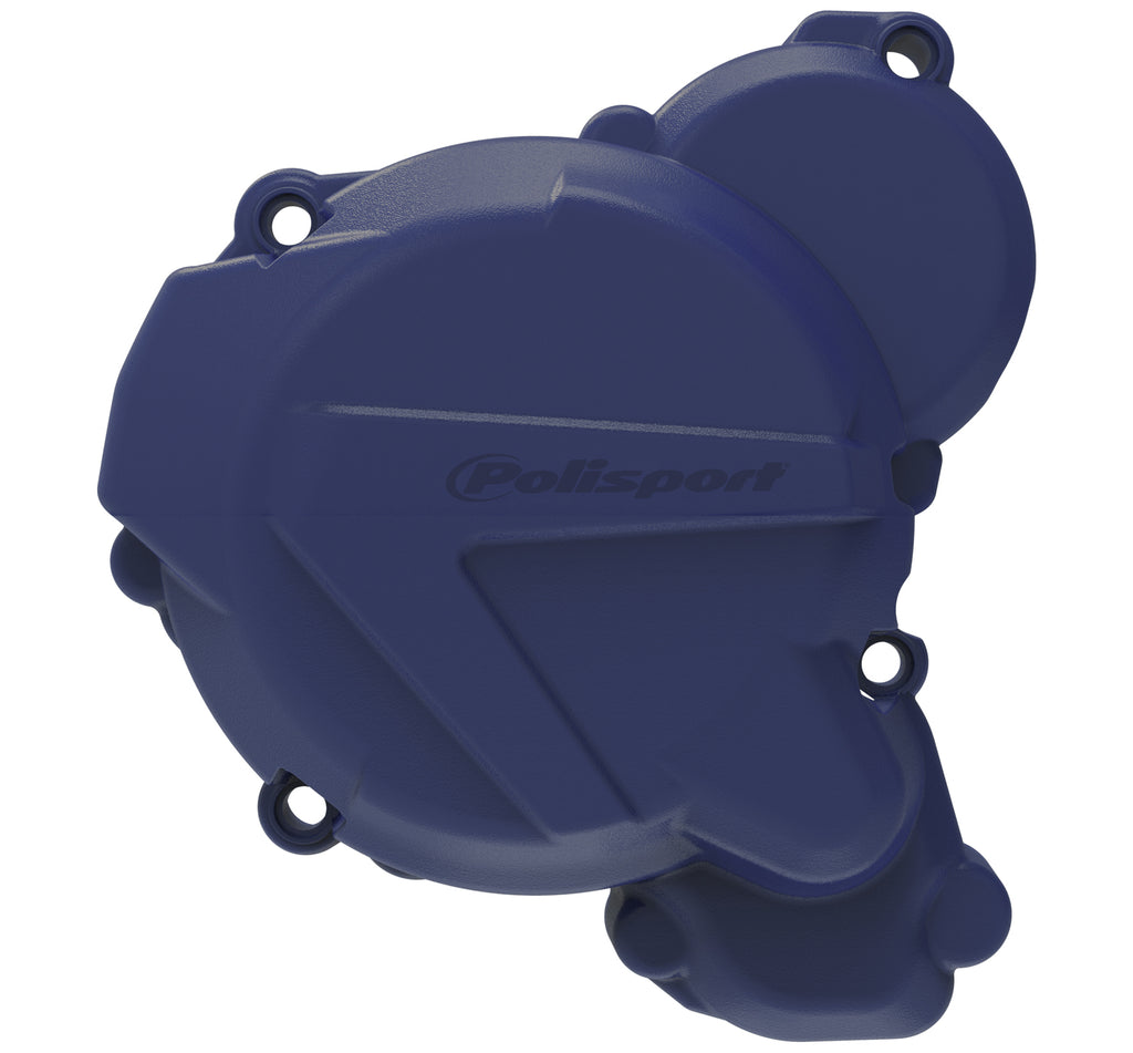 Blue Polisport Plastics ignition cover protector for motorcycle, made of durable plastic, with visible branding and mounting features.