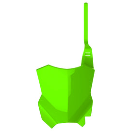 Lime green Polisport Plastics motorcycle number plate restyling for Kawasaki models, body kit part with mounting details.