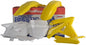 Yellow Polisport Plastics plastic body kit for motorcycle, includes various panels and parts, model 64-90124.