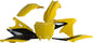 Polisport Plastics yellow plastic body kit for motorcycles, featuring the Polisport Plastics branding and detailed surface design.