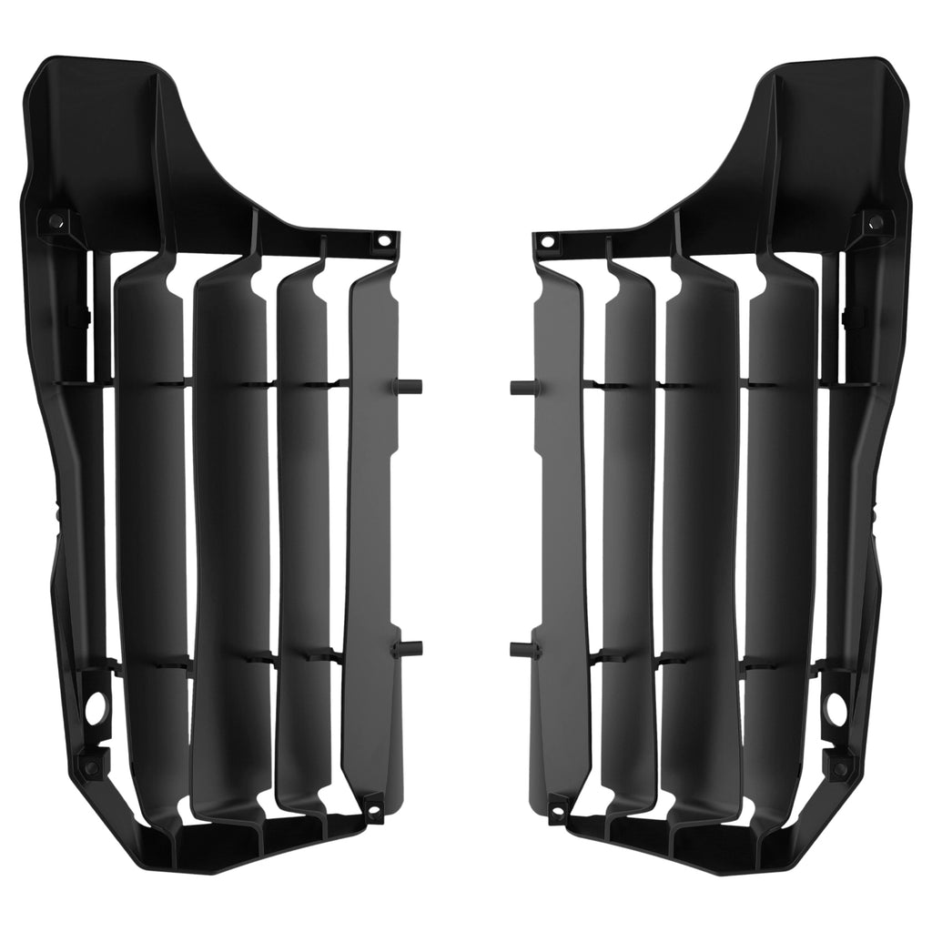 Black Polisport Plastics radiator louvers for body, model 64-847411, shown on a motorcycle radiator with mounting points.