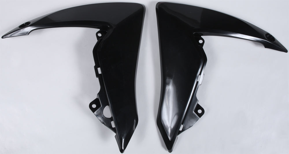 Black Polisport Plastics radiator shrouds for body of motorcycle, part number 64-6352, with detailed design and mounting points visible.