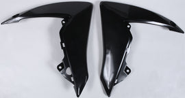 Black Polisport Plastics radiator shrouds for body of motorcycle, part number 64-6352, with detailed design and mounting points visible.