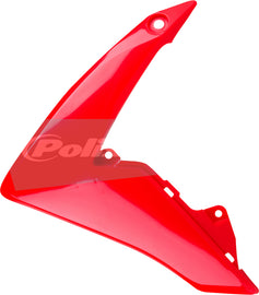 Red Polisport Plastics radiator shrouds for body, designed for motorcycle cooling system, with visible mounting areas and aerodynamic shape.