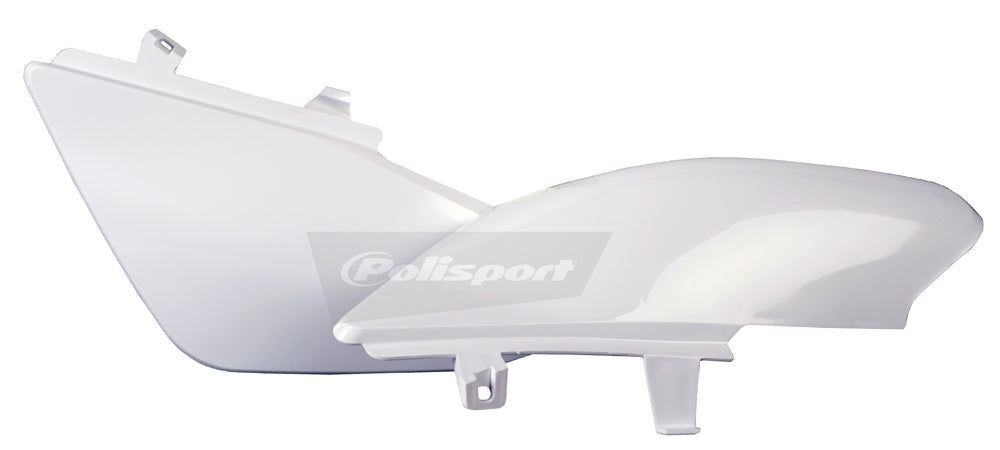 Polisport Plastics white side number plate for motocross bikes, featuring a sleek body design and mounting holes.