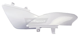 Polisport Plastics white side number plate for motocross bikes, featuring a sleek body design and mounting holes.