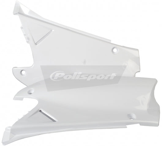 Polisport Plastics white side panels for motorcycle body, model 64-6010, shown installed on bike with clean plastic finish.