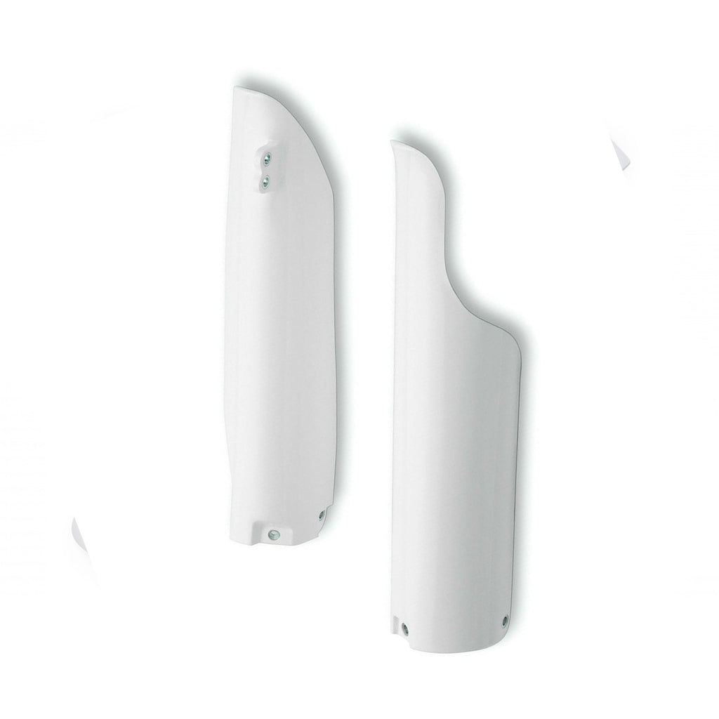 Polisport Plastics white fork guards for YZ125 and YZ250 dirt bikes, showing the protective plastic parts with branding details.