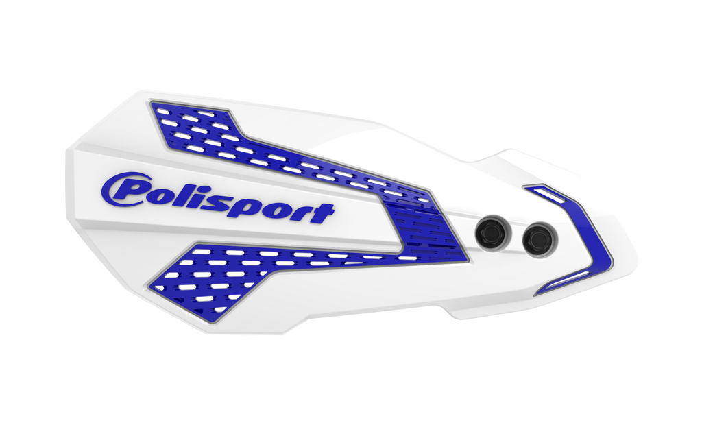 Polisport Plastics MX Flow Handguards in white and blue, designed for motorcycle handlebars, with protective plastic covers.