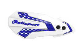 Polisport Plastics MX Flow Handguards in white and blue, designed for motorcycle handlebars, with protective plastic covers.