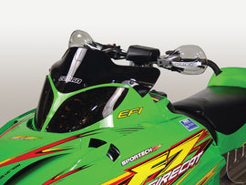 Powermadd Cobra W/S X-Low Black 7-inch windshield for Firecat and M-Series snowmobiles, mounted on the vehicle.
