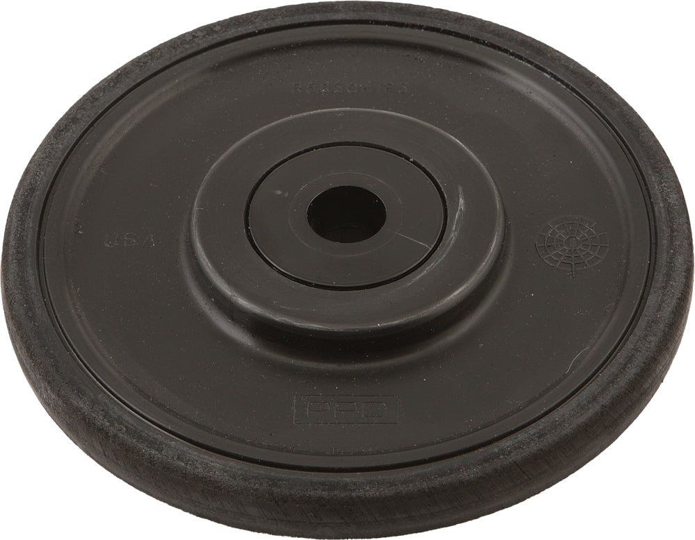 Black Ppd idler wheel measuring 5.63 inches by 0.625 inches, designed for industrial equipment and machinery.