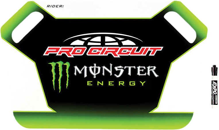 Pro Circuit Monster Energy pit board with marker, black and green design, used for race team communication and trackside updates