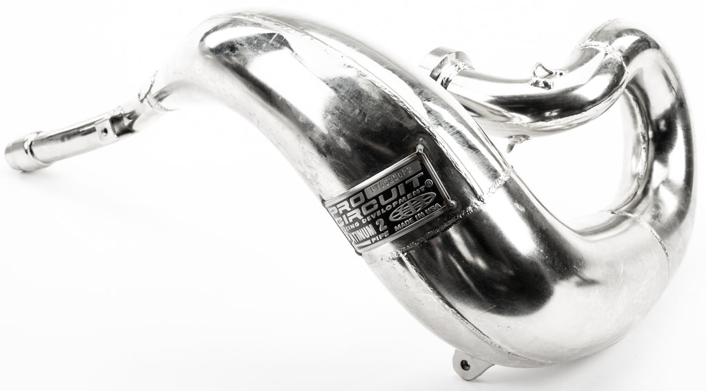 Pro Circuit Platinum-2 Exhaust pipe for YZ250 2002-2022, showing the polished metal muffler and mounting features.