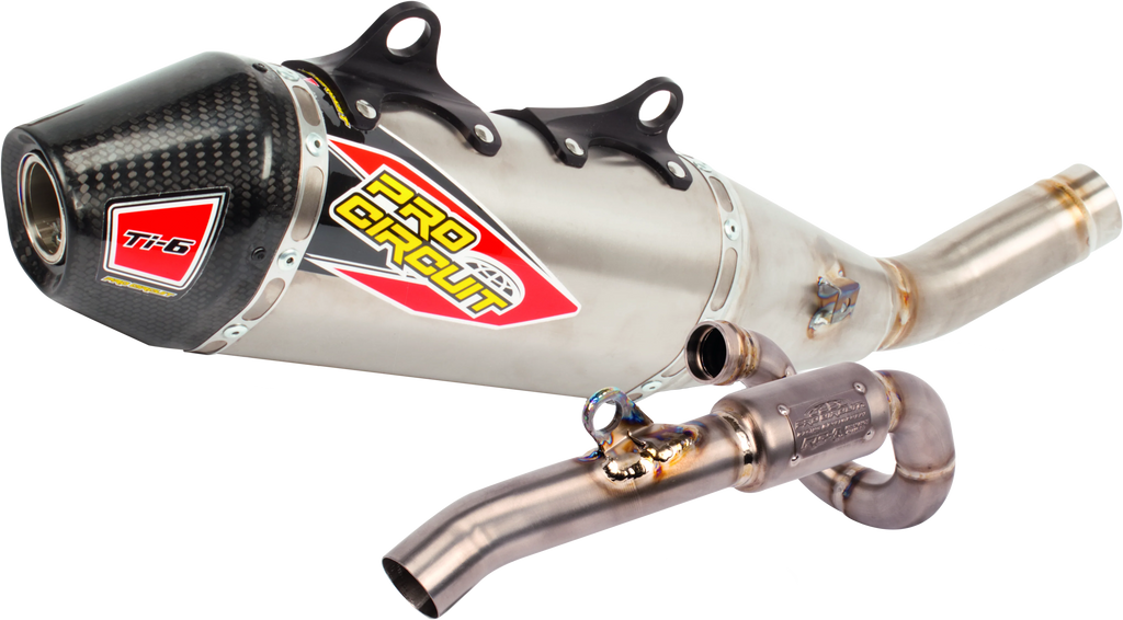 Pro Circuit Ti-6 Ti exhaust system with carbon cap for motorcycle, showcasing sleek titanium design and high-performance build