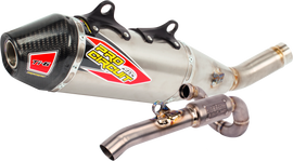 Pro Circuit Ti-6 Ti exhaust system with carbon cap for motorcycle, showcasing sleek titanium design and high-performance build
