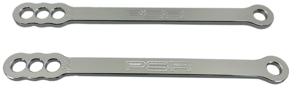 Silver PSR lowering link for motorcycle suspension, available in 1", 2", and 4" drop, designed for Kaw 581-4752S models.