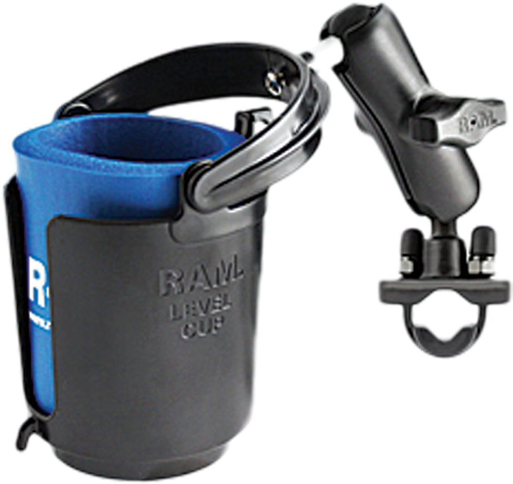 Ram Self-Leveling Cup Holder with cozy and zinc-coated U-bolt base, designed for secure vehicle accessory mounting.