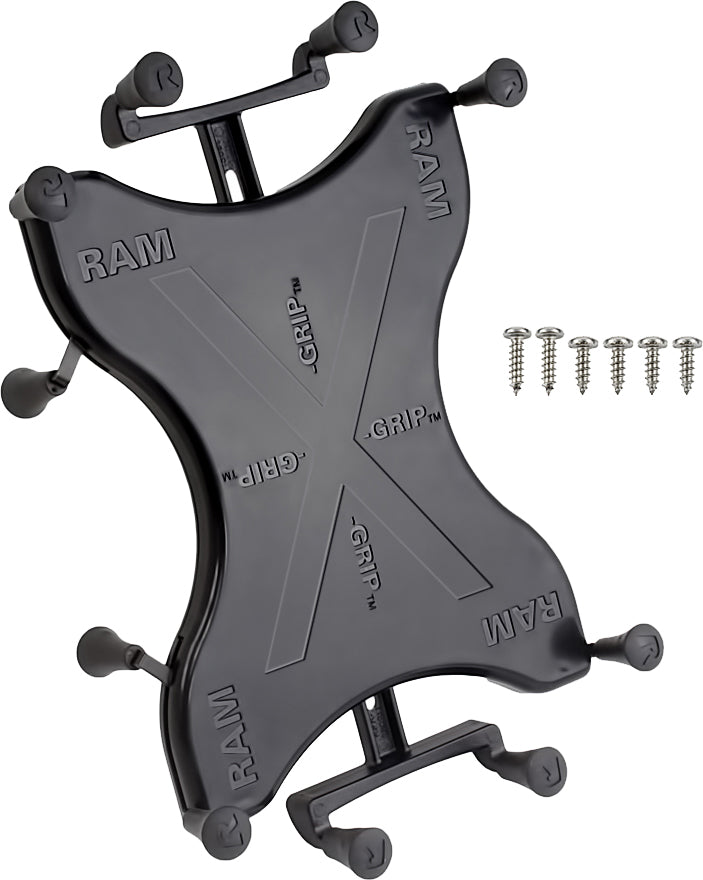 Ram X-Grip III large tablet clamp cradle attached to a vehicle mount, showcasing secure grip on a large tablet device.