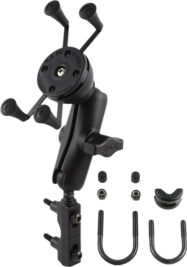 Ram X-Grip motorcycle mount medium size attached to a motorcycle handlebar, showing the sturdy grip and adjustable arms.