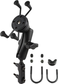 Ram X-Grip motorcycle mount medium size attached to a motorcycle handlebar, showing the sturdy grip and adjustable arms.
