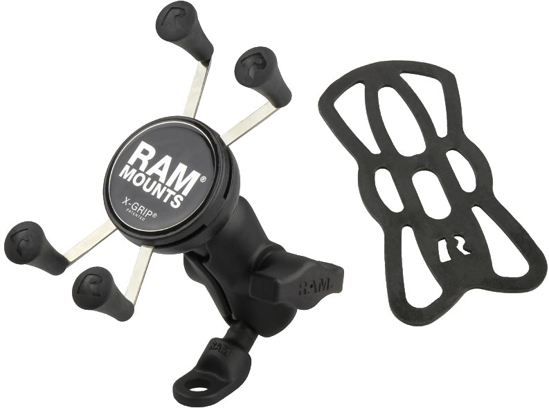 Ram X-Grip phone mount with 9mm angled bolt head adapter, featuring adjustable grip and durable accessory design.