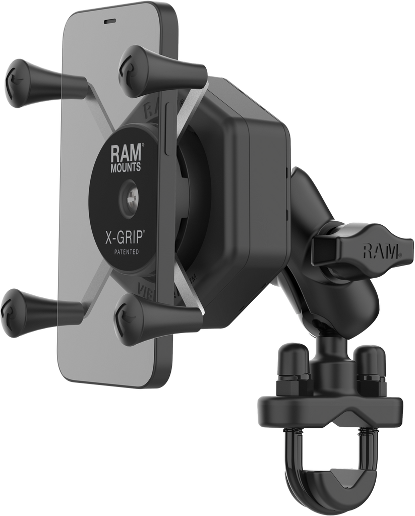 Ram X-Grip Vibe-Safe Phone Mount with U-Bolt Base, medium size, securely holds smartphones for vehicle or bike accessories.