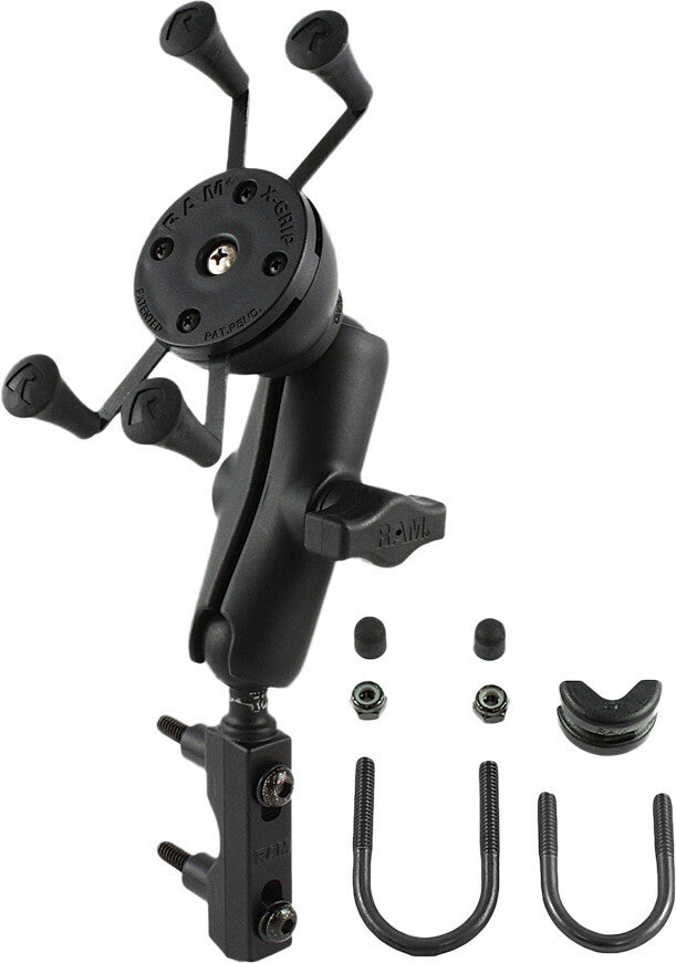 Large Ram X-Grip motorcycle mount attached to a handlebar, designed for secure smartphone or device installation during rides.