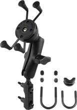 Load image into Gallery viewer, Large Ram X-Grip motorcycle mount attached to a handlebar, designed for secure smartphone or device installation during rides.