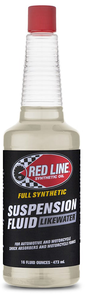 Red Line Oil synthetic suspension fluid in 16oz bottle, shown in a case of 12, for vehicle suspension system lubrication.