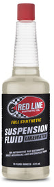 Red Line Oil synthetic suspension fluid in 16oz bottle, shown in a case of 12, for vehicle suspension system lubrication.