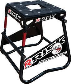Risk Racing A.T.S. Moto Stand adjustable top lift for motorcycles, sturdy black stand with height adjustment for maintenance.