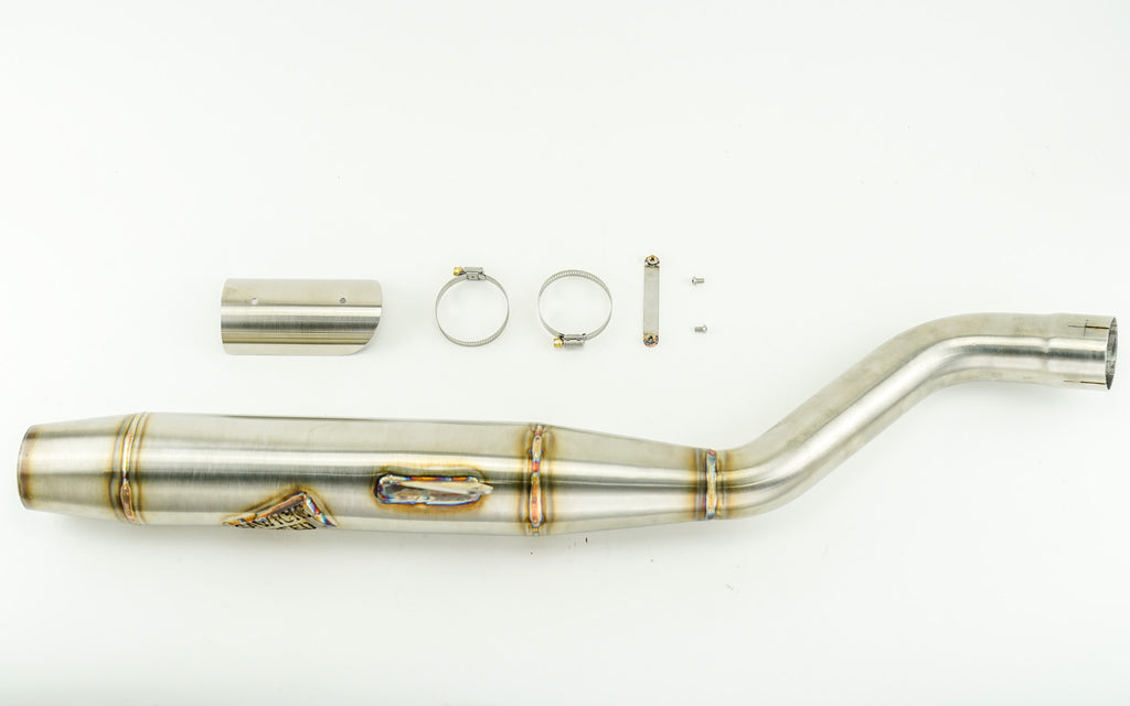Sawicki Speed Shop Pan America Slip-On Exhaust with Cannon Brushed Stainless Steel, designed for motorcycle performance and style.