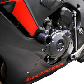 Black Shogun Industries Frame Sliders mounted on motorcycle body for protection and style.