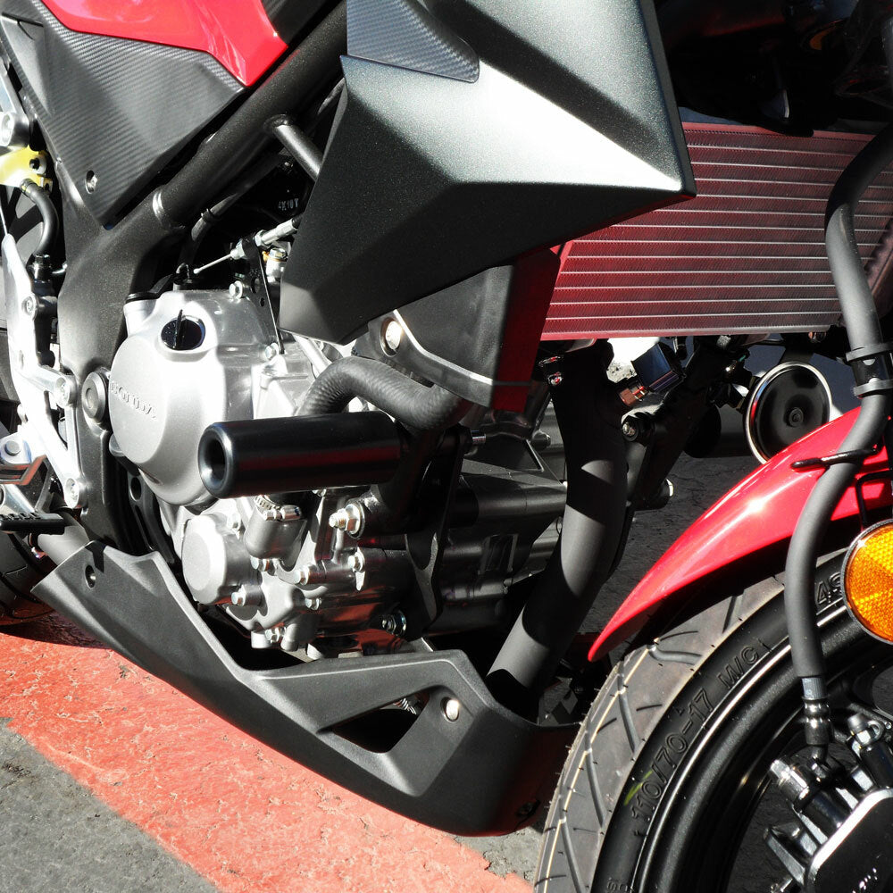Black Shogun Industries Frame Sliders for bikes, no cut design, durable body protection, shown on a motorcycle frame.