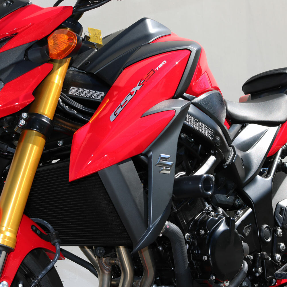 Black Shogun Industries Frame Sliders for motorcycle body protection, model 71-1470, shown installed on motorcycle frame.